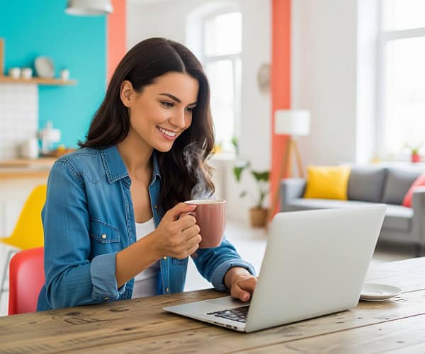 kobieta z kawą i laptopem