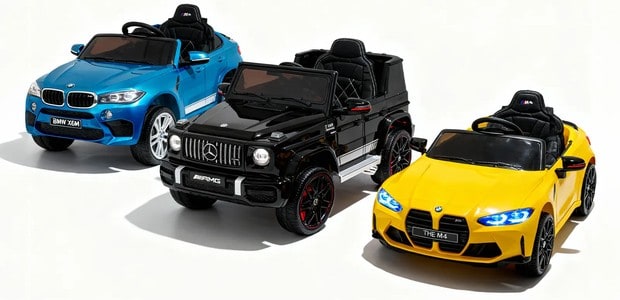 Trzy elektryczne samochodziki dla dzieci: niebieski BMW X6M, czarny Mercedes AMG G63 i żółty BMW M4 – Meri-kids